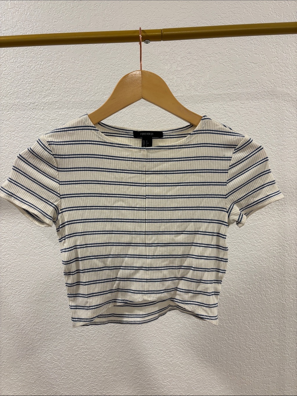 Forever 21 Cream and Navy Ribbed Striped Crop Tee